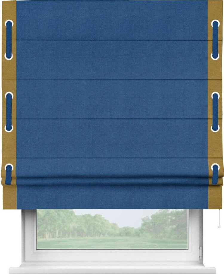 Римская штора «Кортин» с кантом Стрим Дуо (люверсы с пояском), для проема, ткань вельвет синий